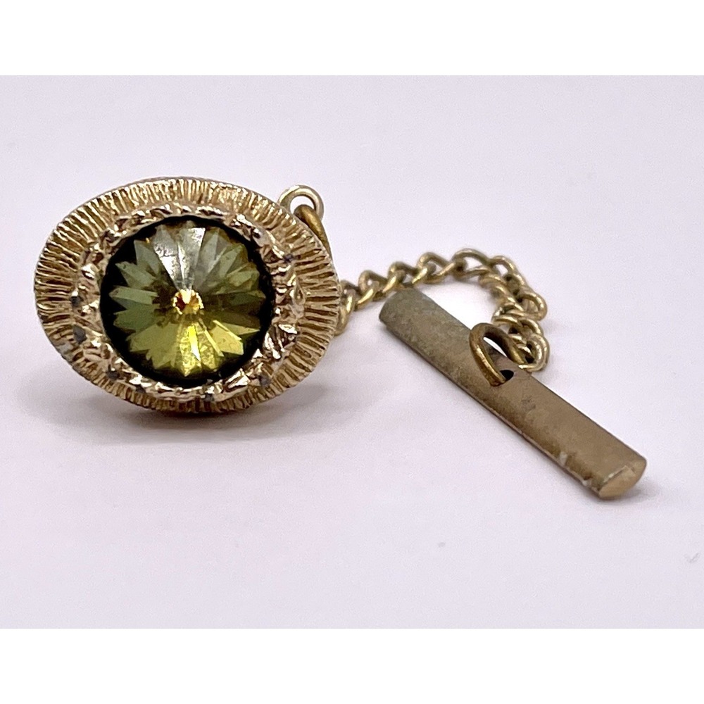 Mid Century Faceted Glass Green Tie Tack Pin 1950s Gold Tone Vintage 1950s Swank
